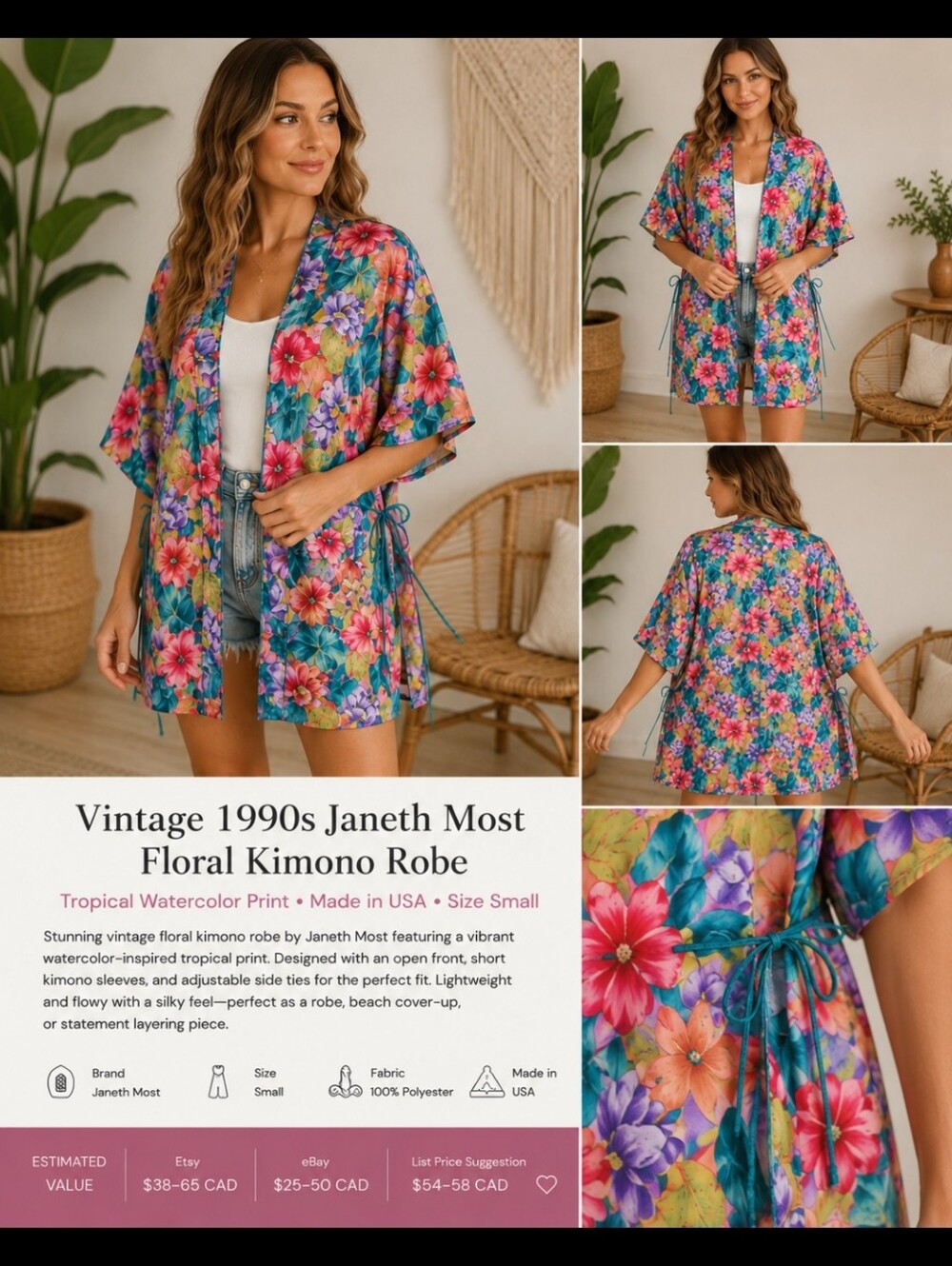 Janeth Most Floral Kimono Robe - Vibrant Multicolor Floral Vintage 1990s Y2K